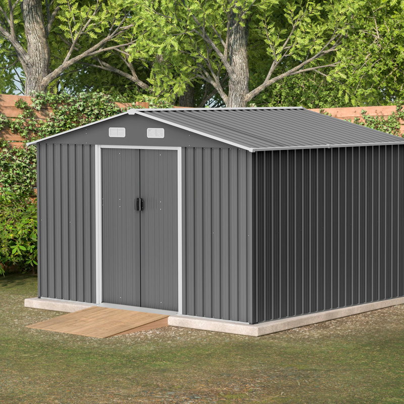 10x8 Ft Metal Foundation Outdoor Shed With Lockable - Protected, All Weather, Gray, Lawn Feature Rain And Snow , For Garden, Lawn, Gray