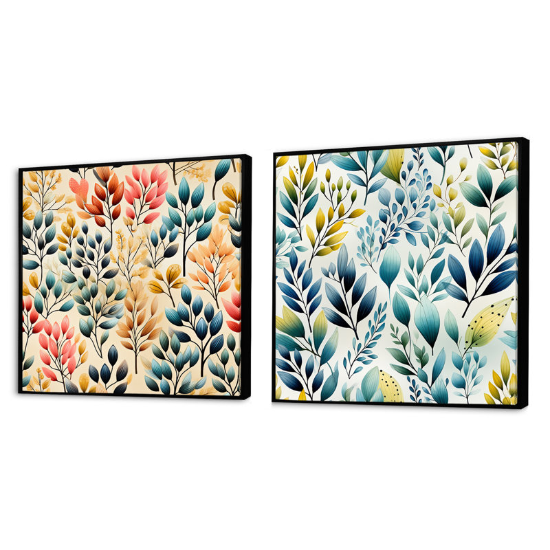 Edward - Ensemble de 2 collages carrés botaniques abstraits, Cadre flottant noir, H 36 po x l 73 po