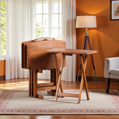 Garrett Solid Wood 5-Piece Snack Table Set in Brown Finish, 23.39'' L X 15.56'' D
