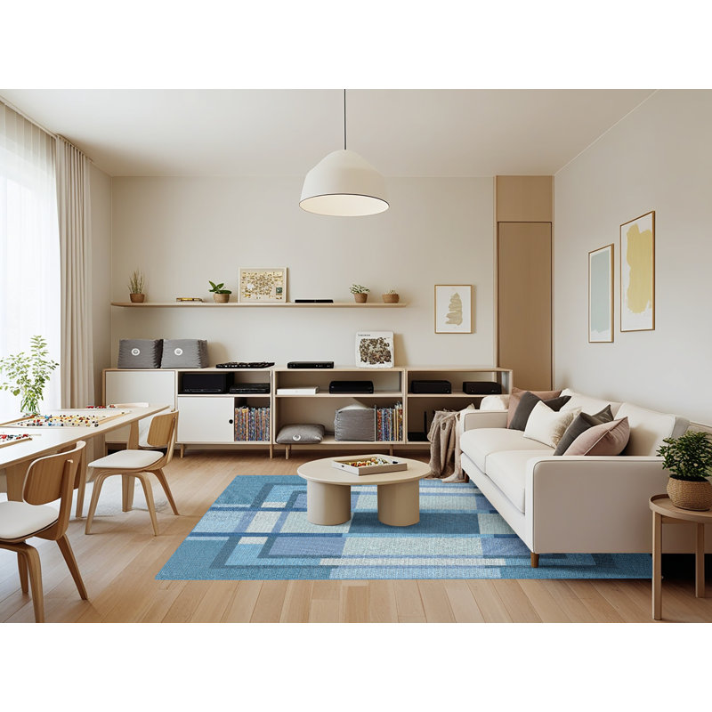 Tapis géométrique bleu ciel, Rectangle 7 pi x 9 pi