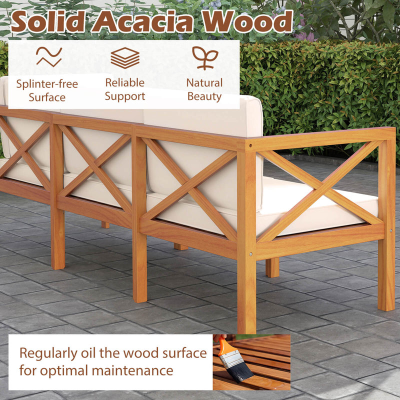 6 Pcs Acacia Wood Patio Furniture Set With Cushions And Coffee Table For Garden
