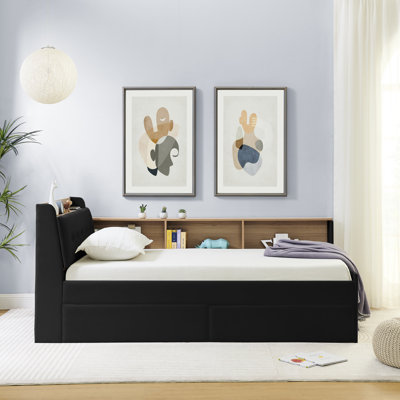 Lit de jour simple en velours noir, rangement pour tête de lit, chargement sans fil, 2 tiroirs de rangement et DEL pour le confort de la chambre à coucher noir avec tête de lit, lumières décoratives