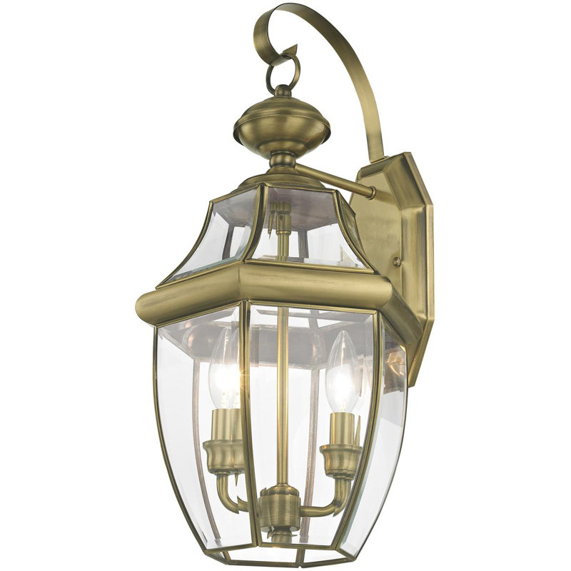 Antique Brass 10.5in Colonial Outdoor Wall Lantern with Beveled Glass
