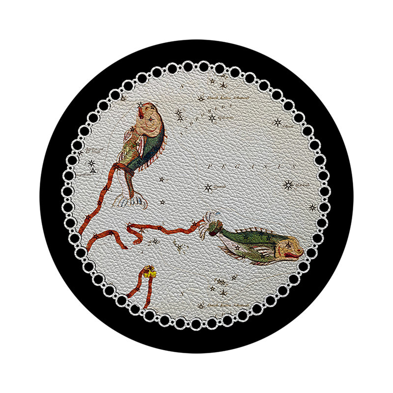 Zodiac Pisces Black Vegan Leather Round Coasters, Black