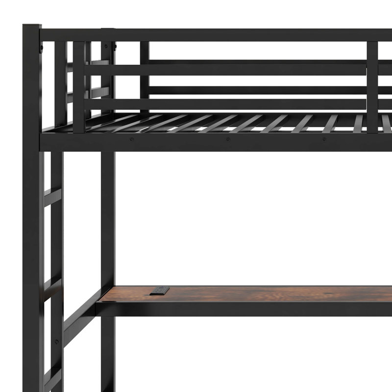 Lit mezzanine en métal avec prise de courant et éclairage DEL