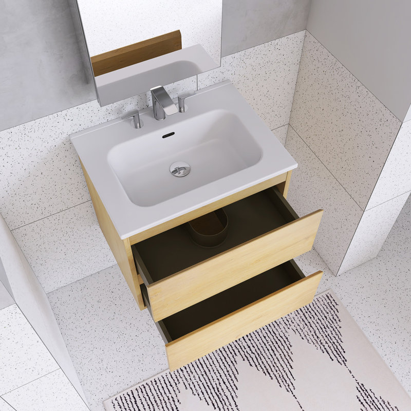 Meuble-lavabo mural avec lavabo en céramique et trois trous de robinet, Jaune, 24"