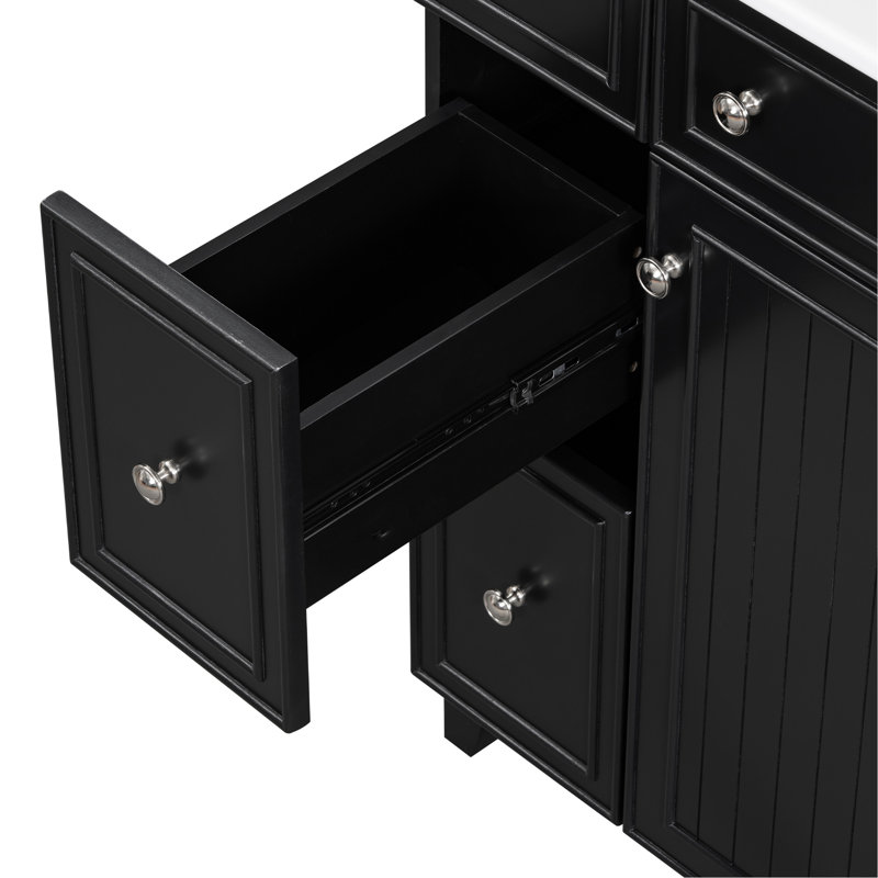 Meuble-lavabo peu encombrant avec lavabo en céramique et beaucoup de rangement, Noir, noir, noir, noir