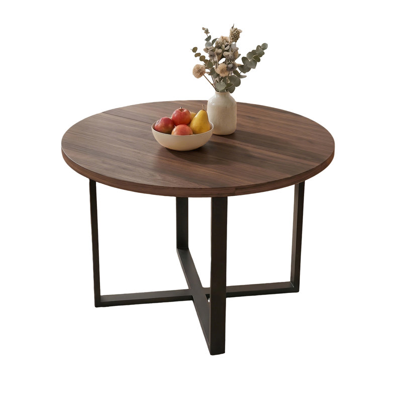 43.3‘’ Round Walnut Dining Table, Space-Saving Solid Wood Kitchen Table, Brown Wood