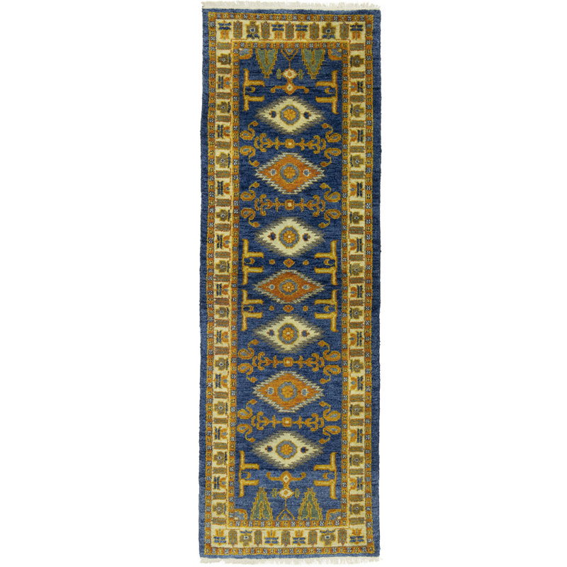 Tapis bleu / brun en laine noué à la main