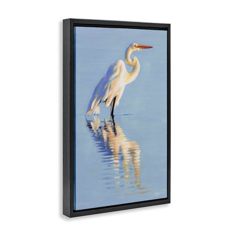 Toile «Blue Egret Reflection» par D. Rust, H 31 po x l 21 po, Cadre flottant noir de jais