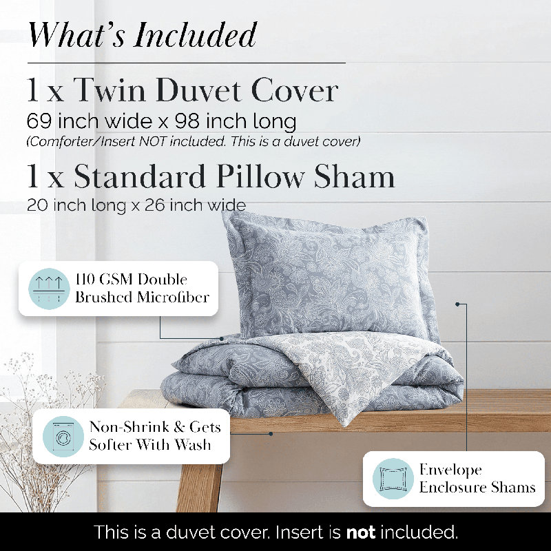 Paisley Oversized Microfiber Reversible Duvet Cover Set with shams Easy Care, Blue