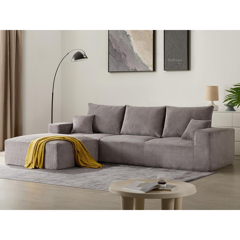 2-Piece 113" L Shaped Compression Couch, Corduroy Modular Sectional Sofa With Ottoman Living Room Set, Gray Corduroy
