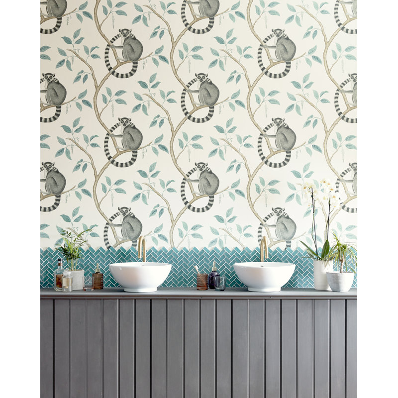 Ringtailed Lemur Wallpaper, Stone/Eucalyptus