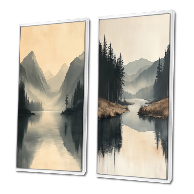 Ensemble de 2 pièces d'art mural gris, paysage d'hiver en Norvège, H 32 po x l 32 po, Cadre flottant blanc