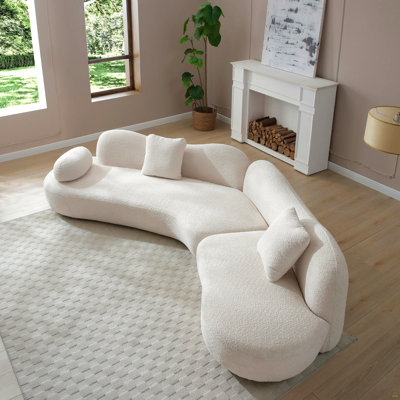 Modern Curved Modular Sofa, Boucle 5-Seater Sofa For Living Room, Bedroom, White Color, Crescent Shape And Butterfly Backrest Make The Whole Space Full Of Curves, 2 Pillows