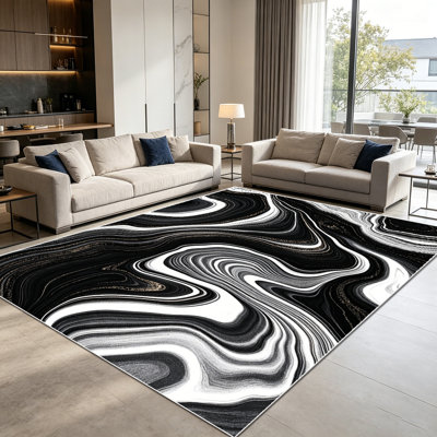 1pièces tapis en marbre noir et blanc à motif de tourbillons fluides abstraits pour le salon, doux et confortables, adaptés à toutes les saisons, faciles à entretenir, lavables à la machine, tapis de dessous de table convenant à la table à manger, au chevet de la chambre à coucher,