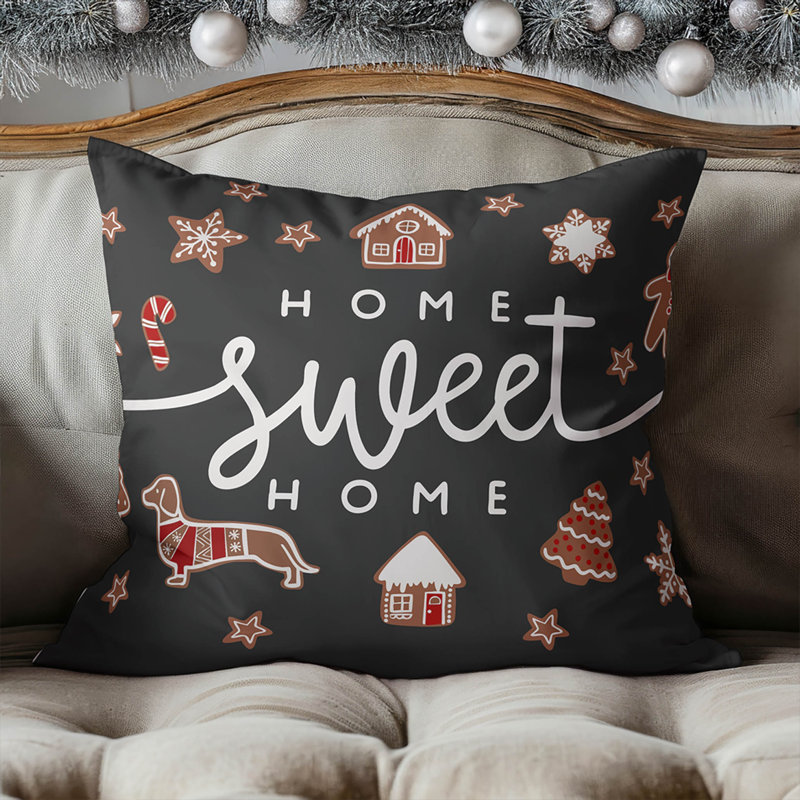Coussin décoratif Gingerbread Home Sweet Home, Gris anthracite, Carré 16 po