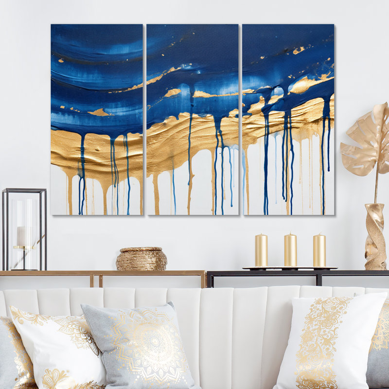Tissu du temps abstrait bleu et or V sur toile, 3 pièces, H 28 po x l 36 po x P 1 po