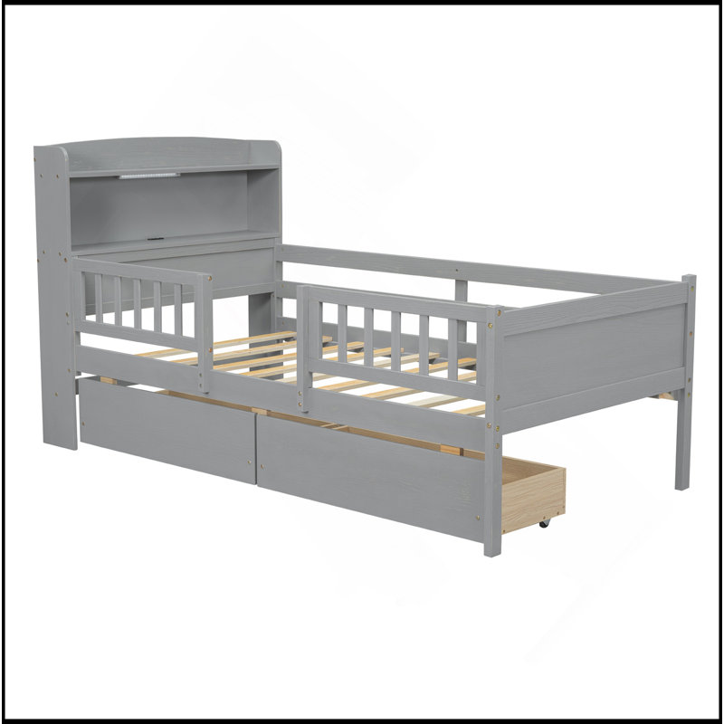Lit plateforme en bois avec éclairage à DEL intégré, tête de lit multifonctionnelle, garde-corps et 2 tiroirs, Gris