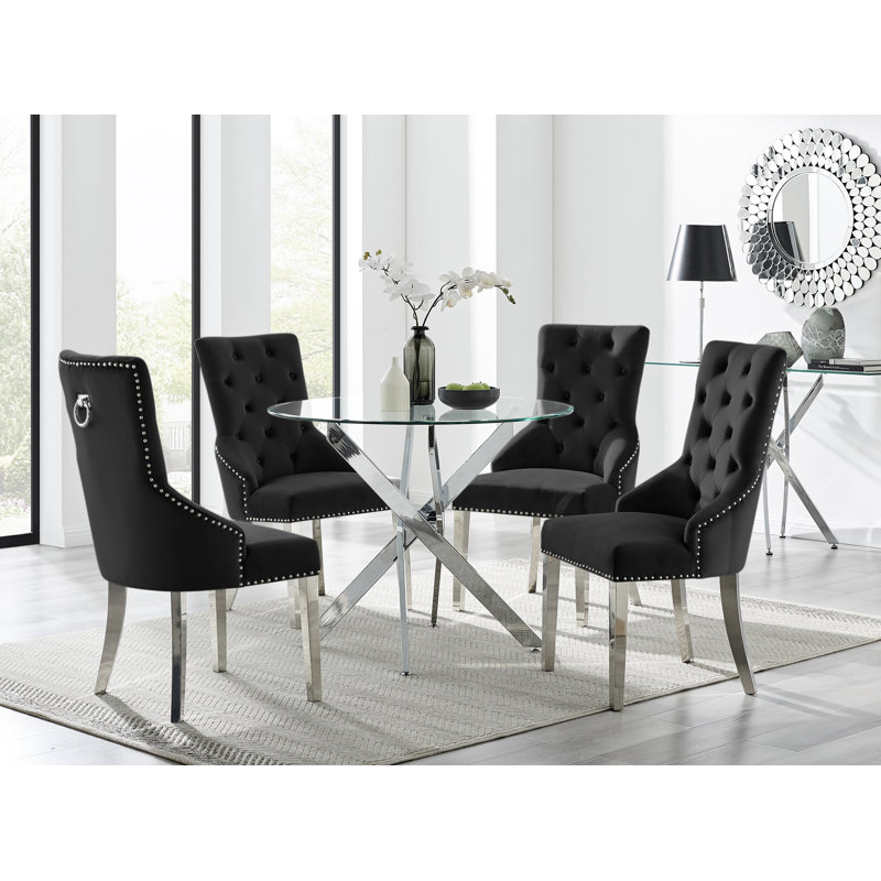 Tierra Modern Chrome Metal & Glass Round Dining Table Set with 4 Luxury Button Velvet Chairs, Black/Silver, Silver
