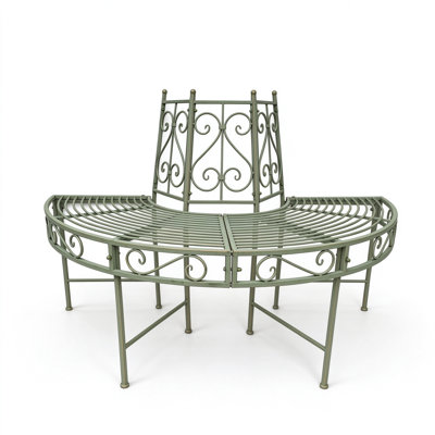 Banc d'arbre en fer forgé vert antique, banc d'arbre demi-rond incurvé avec dossier à volutes, banc de jardin en métal résistant aux intempéries pour la cour, la pelouse et le patio