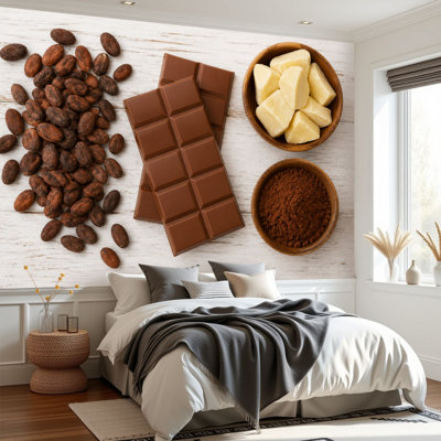 Murales barres de papier peint autocollant chocolat au lait, cacao, beurre, cacao, poudre, cacao, fève, bois clair, papier auto-adhésif amovible, décoration murale pour salon, chambre à coucher H 69 po x l 96 po