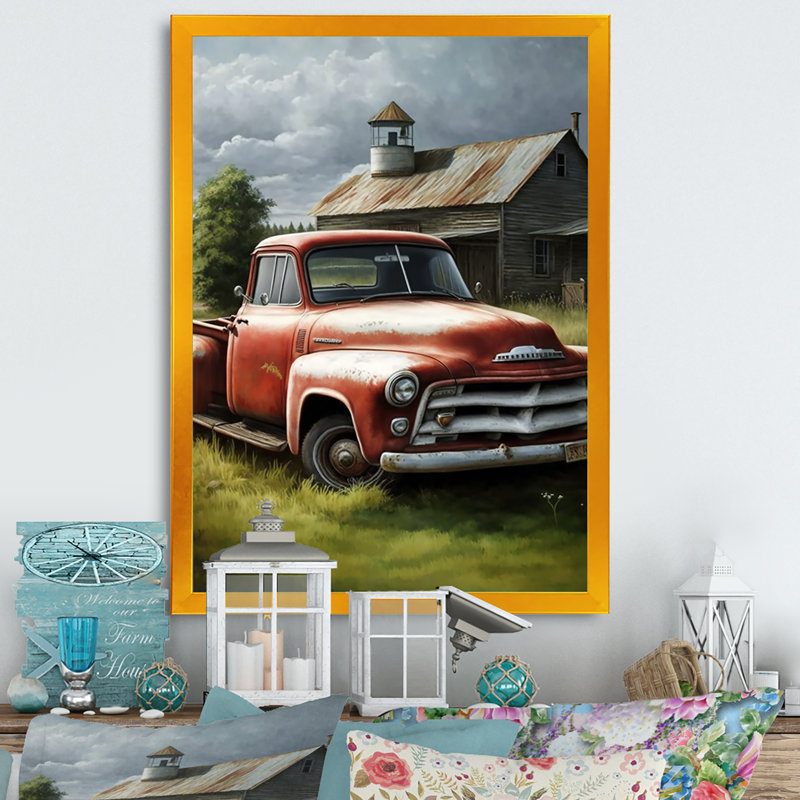 «Orange Vintage Truck at the Barn», reproduction sur toile, Encadrement doré, H 32 po x l 24 po x P 1 po