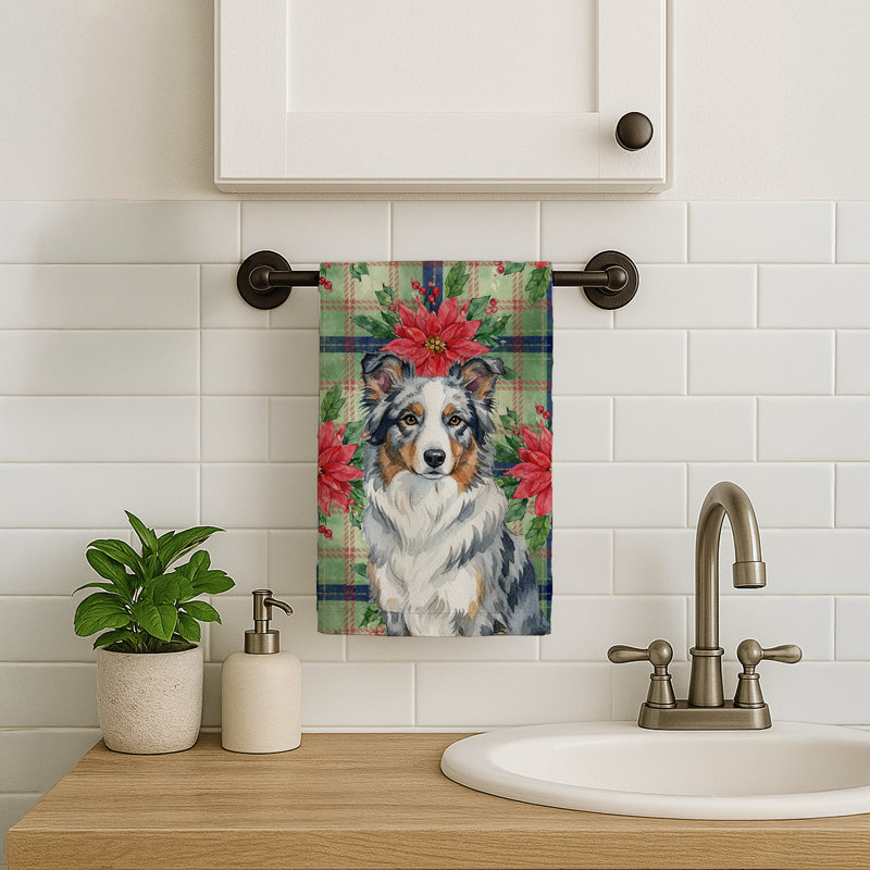 Blue Merle Border Collie Christmas PoinsettIas Kitchen Towel, Blue Merle Border Collie