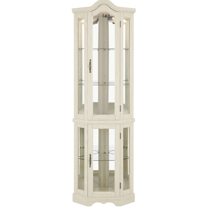 Armoire de rangement d'angle blanche éclairée avec tablettes en verre trempé, quatre tablettes amovibles et charnières pour unité d'organisation de chambre à coucher en verre, maison