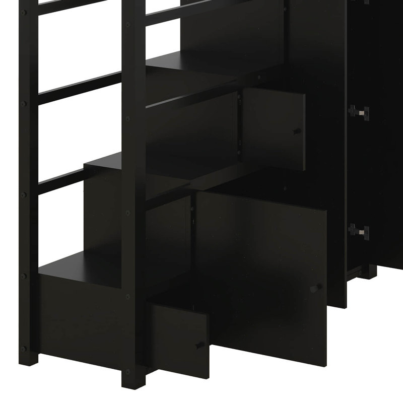 Lit mezzanine double en métal avec tablettes de rangement, armoires et garde-robe, lit mezzanine peu encombrant avec garde-corps et escalier