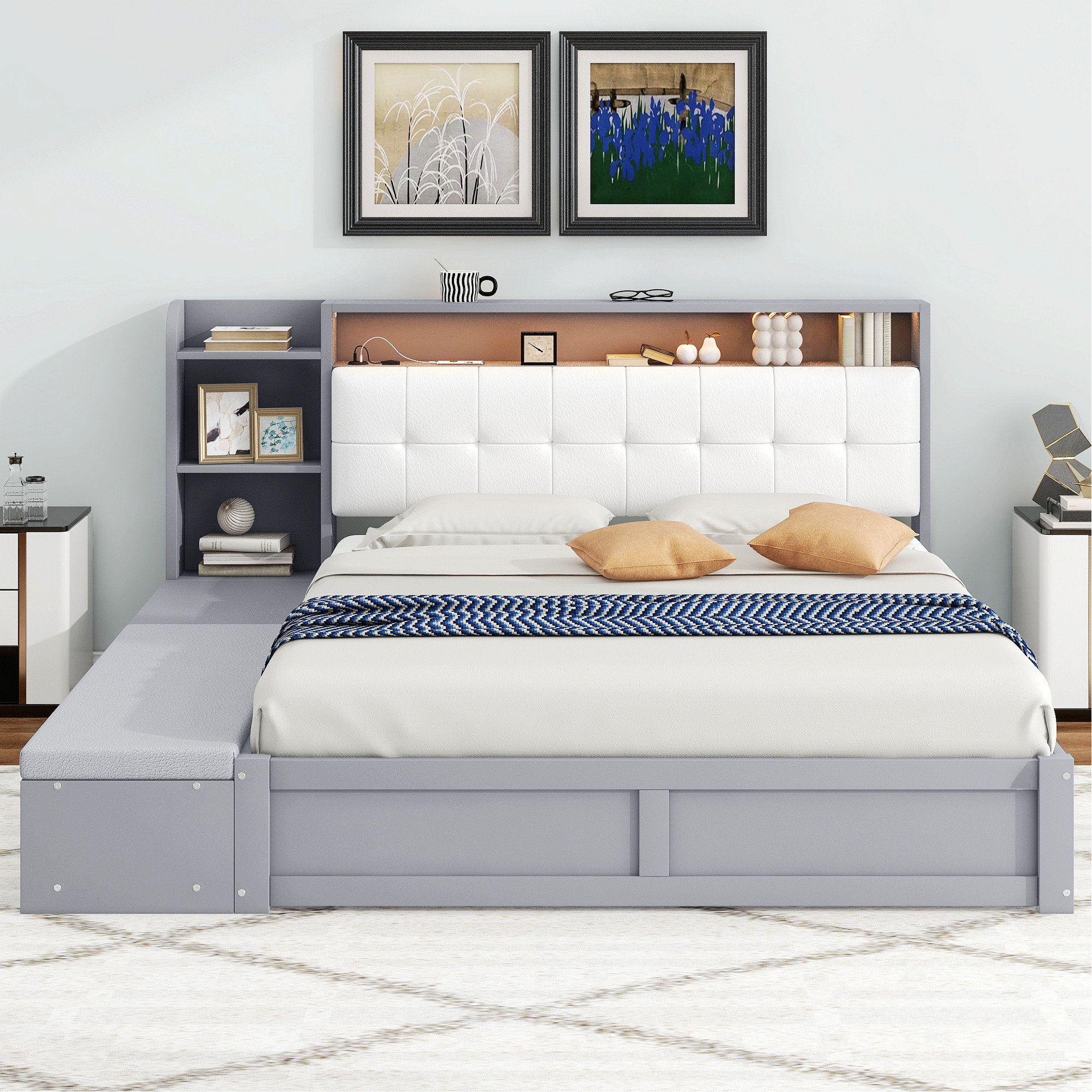 Hokku Designs Modern Bed Platform Bed Frame with Upholstery Headboard ...