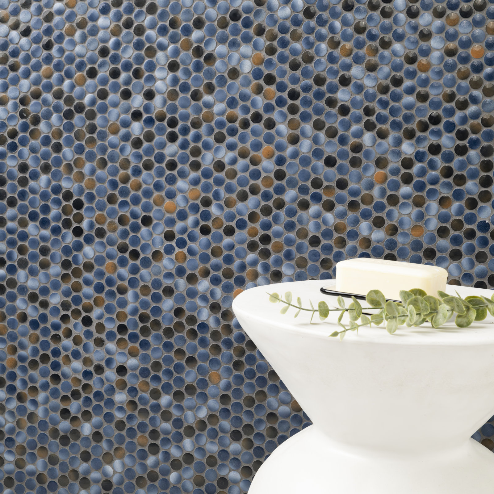 Penny Round 12 in. x 13 in. Porcelain Mosaic Floor and Wall Tile, Indigo Smoke