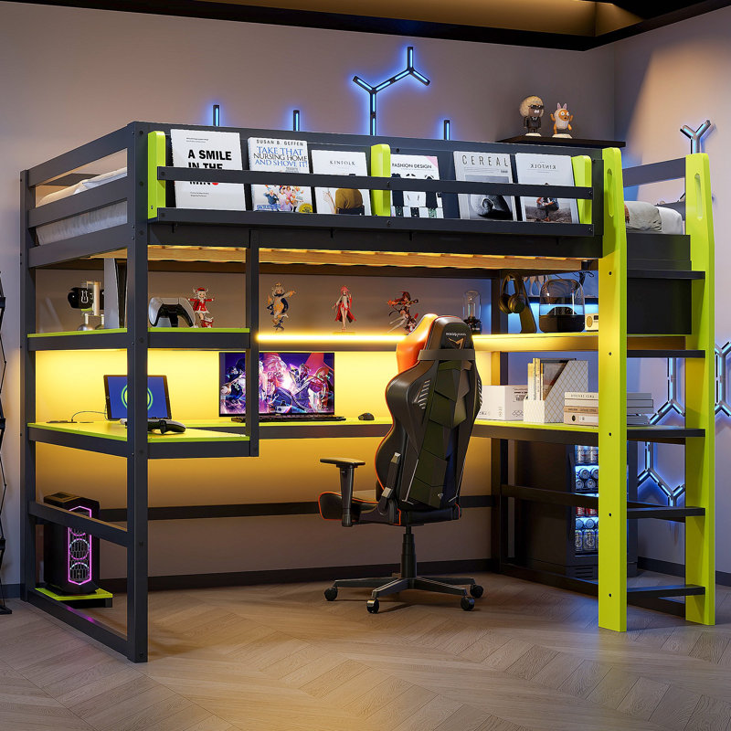 Lit mezzanine en bois avec bureau, support de rangement latéral, tablettes multiples et lumière RVB, Vert, Lit double