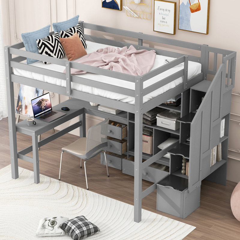 Lit mezzanine double avec bureau en L, tiroirs, armoire et escalier de rangement pour une utilisation optimale de l'espace et une vie confortable
