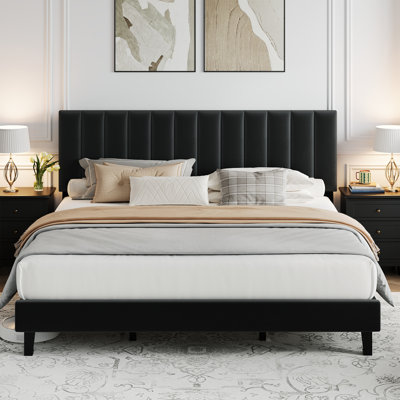 Full Size Bed Frame, Velvet Upholstered Platform Bed with Adjustable Tufted Headboard, No Box Spring Needed, Easy Assembly, White