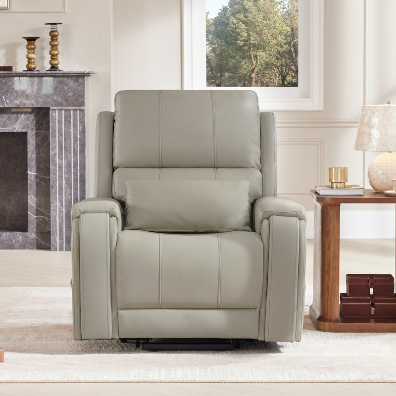 Genuine Leather Power Lift Recliner With Pocket And Lumbar Pillow, Gray