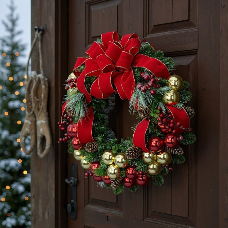 Holiday Red And Gold Evergreen Wreath