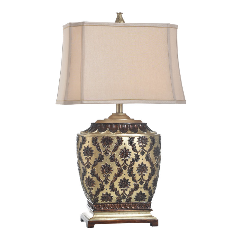 Lampe de table Jane Seymour - Finition platine antique et Barbade - Tissu beige