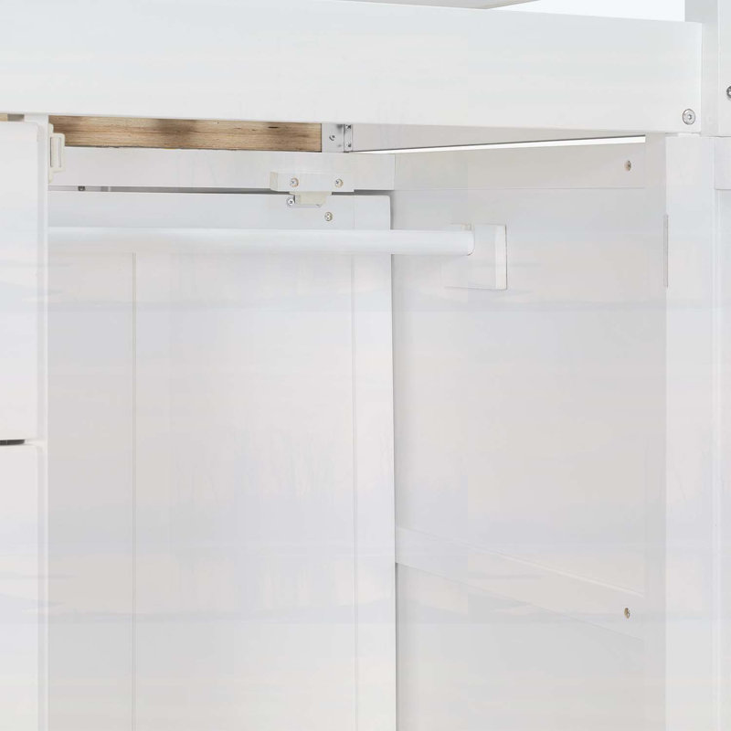 Lit superposé double avec 2 grands tiroirs, 5 petits tiroirs et une mini garde-robe, panneau de fibres à densité moyenne et bois massif, rangement moderne - blanc