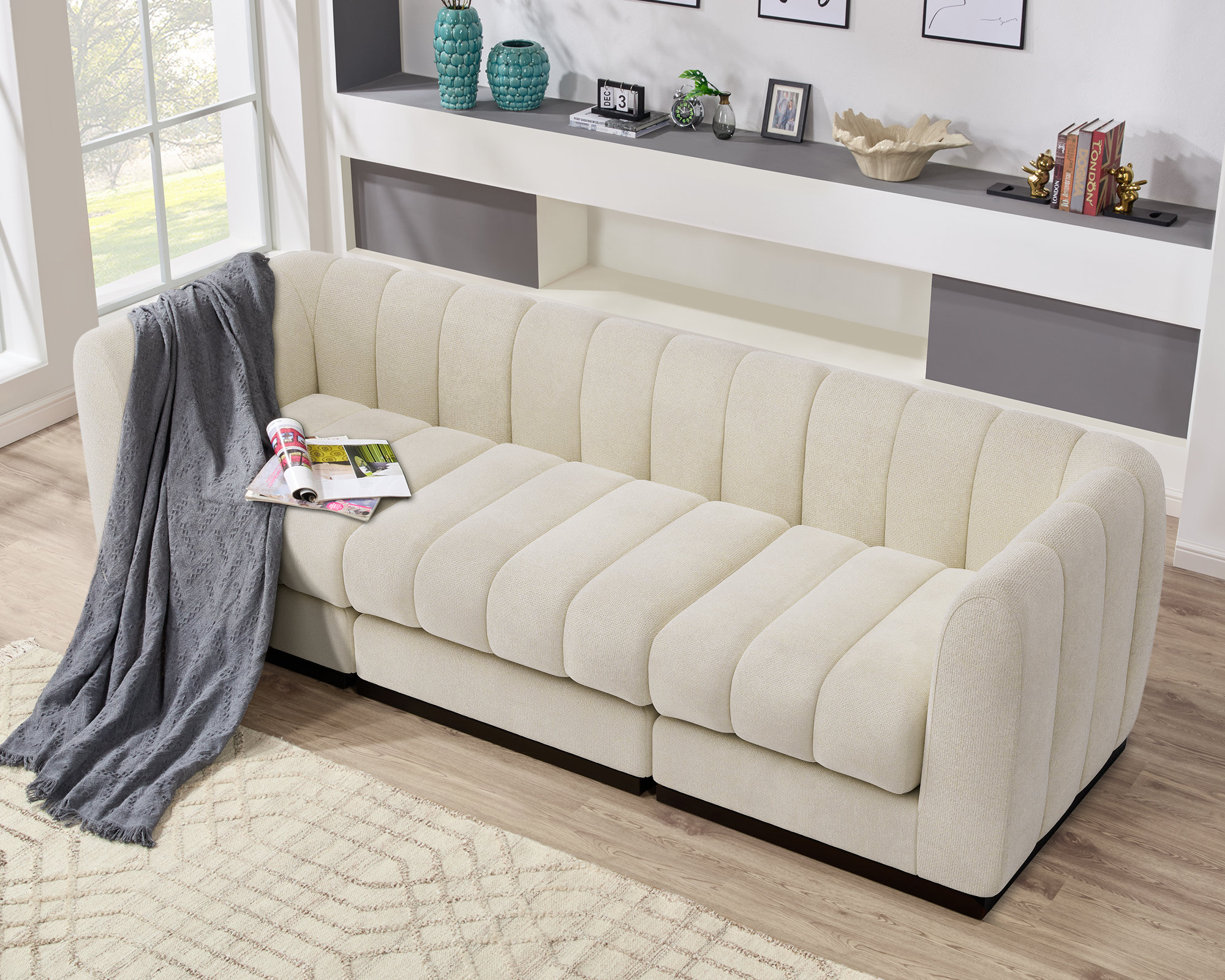 Chenille Modular Sectional, 3-Seater Contemporary Sleeper with Solid Wood Base