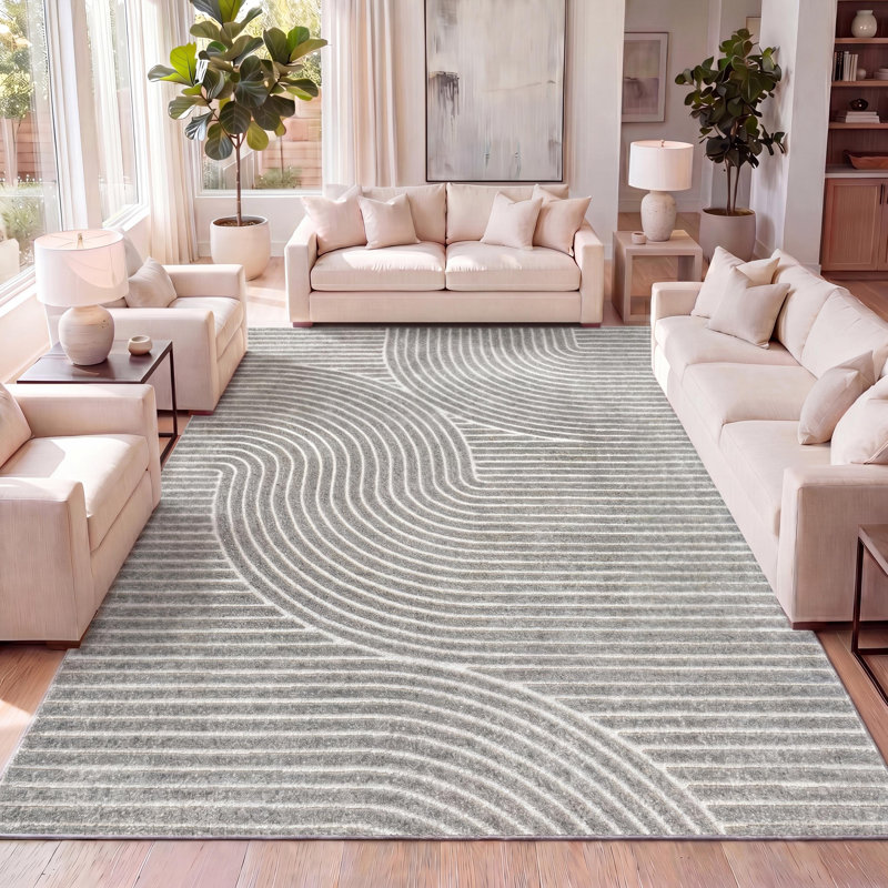 Hallie High-Low Minimalist Curve Geometric Gray/Ivory Indoor/Outdoor Rug, Rectangle 5'3" x 7'7"