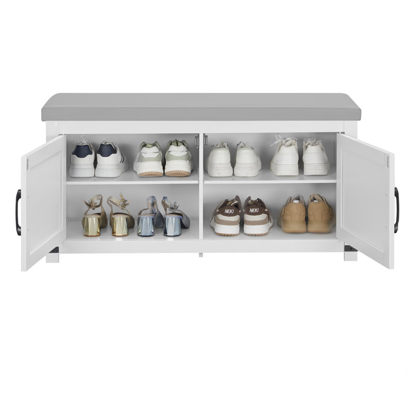 Farmhouse Barn Door Shoe Storage Bench, White/Gray, 19.3" H x 39.4" W x 13.8" D