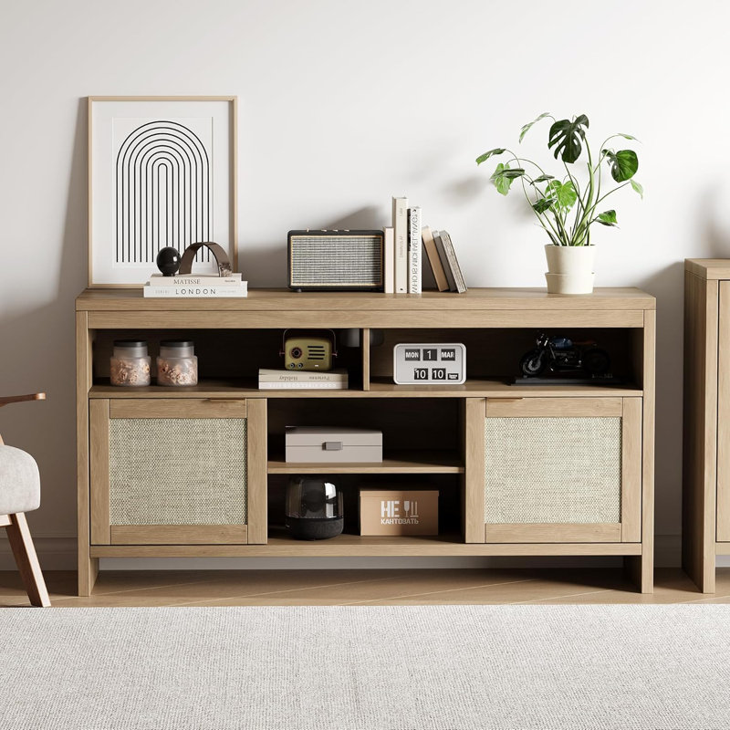 58" Rattan TV Console with 4 Drawers & 2 Doors, Modern Media Cabinet with Adjustable Shelves, Brown