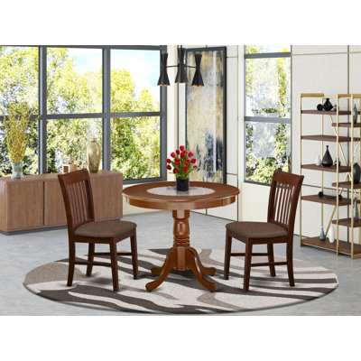 3 Piece Kitchen Table & Chairs Set Contains a Round Dining Room Table with Pedestal and 2 Linen Fabric Dining Room Chairs, 36x36 Inch, Mahogany