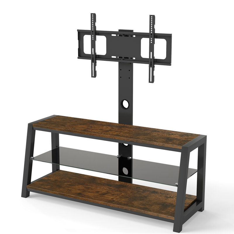 Meuble télé pivotant universel réglable en hauteur - Bois d'acacia et verre trempé noir - Centre multimédia marron rustique
