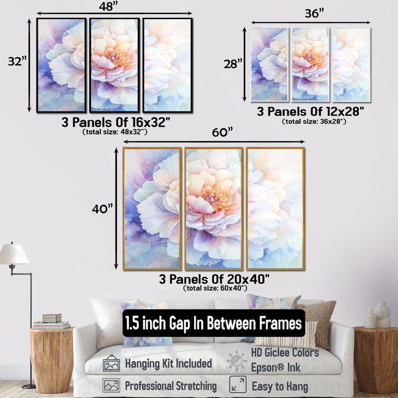 Pivoine de printemps en pleine floraison II - ensemble d'art mural pivoine, H 28 po x l 36 po, Blanc