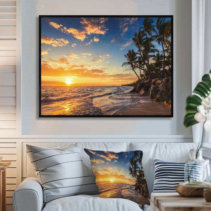 « Paradise Tropical Island Beach with Palms » par Valio84sl - impression photographique sur du métal, H 12 po x l 20 po, Noir