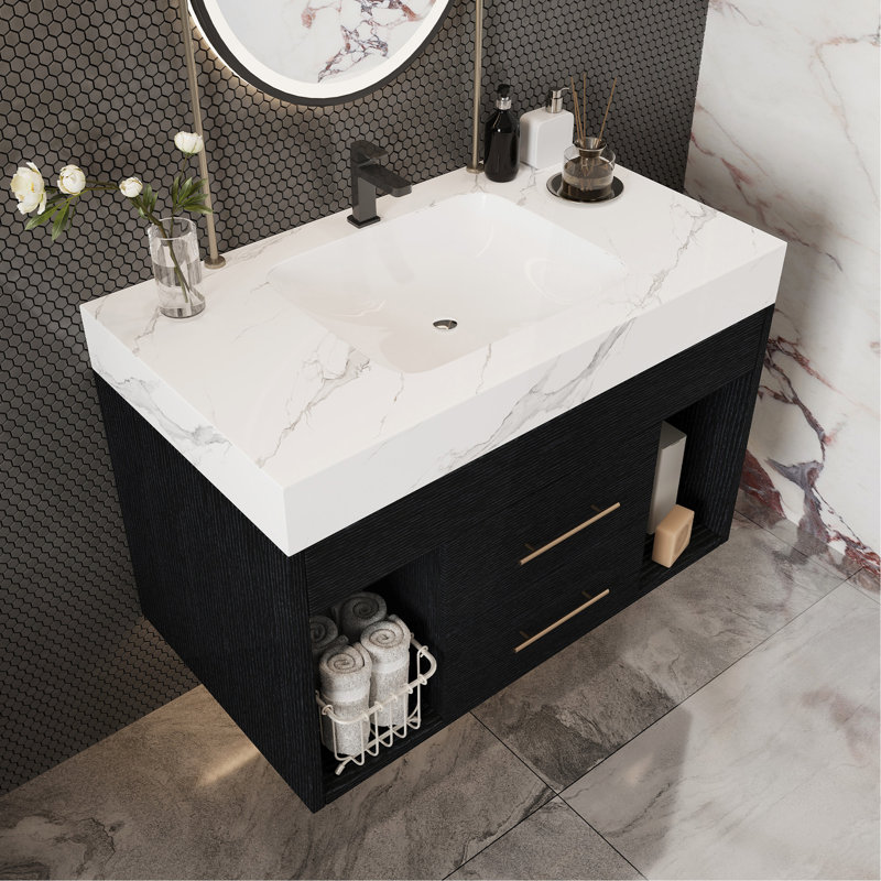 Ensemble de meuble-lavabo mural flottant 29,9 po, Noir, Blanc