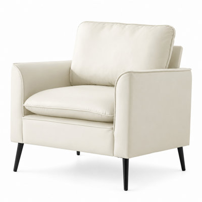 Pimi Sofa Chair Set of 2, Cream White Faux Leather, Retro Black Legs