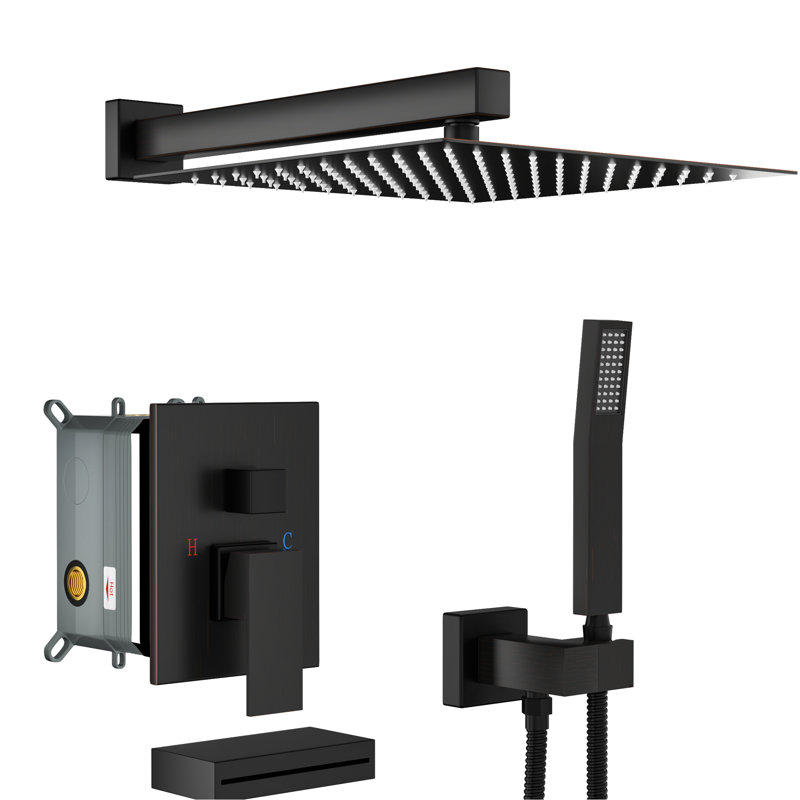 Oil-Rubbed Bronze Shower System - Waterfall Tub Spout, 12" Square Rainfall Head, Handheld, -Balanced, With Spout 12 Inch Oil Rubber Bronze, -Balanced Valve